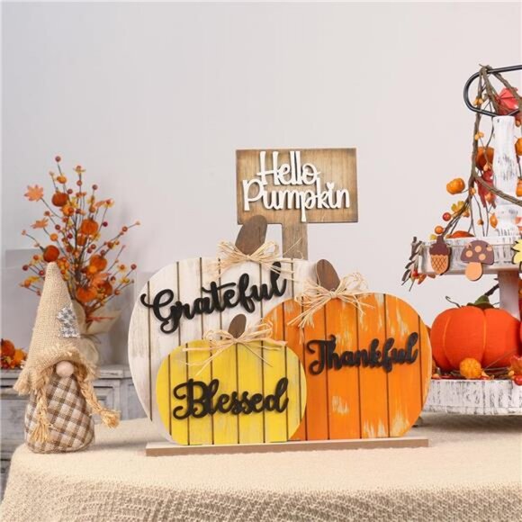 Fall Decorations for Home, Rustic Wooden Blessed Grateful Table Sign - Picture 2 of 7